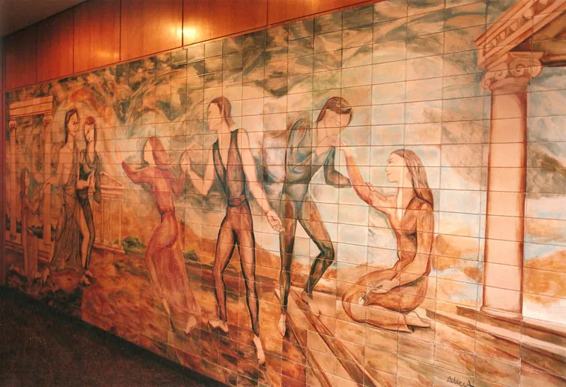 Mural cerámico, vista, Paraná y Santa Fe, CABA