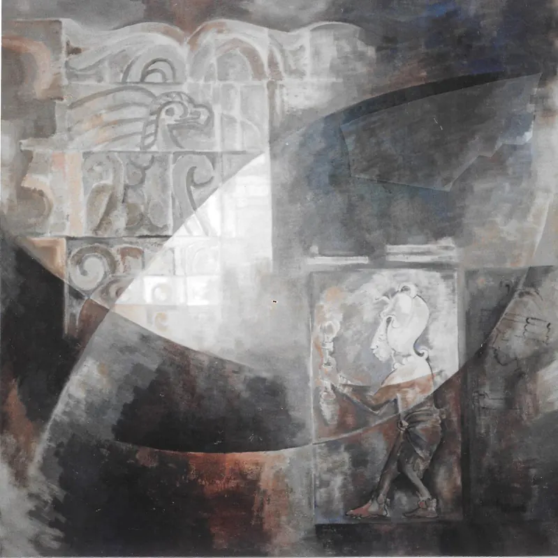 Ceremonia en el tiempo (Quetzal) y Código Dresde, 120 x 120cm